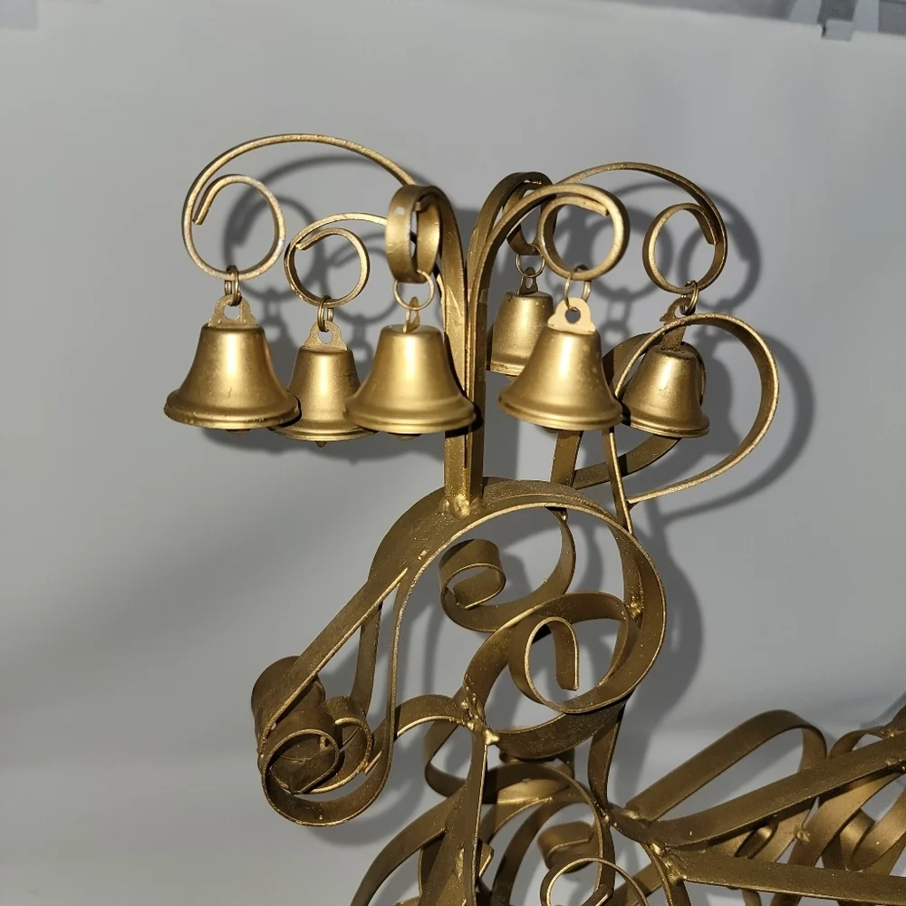 Large Metal Reindeer Gold Colored Christmas Bells on Antlers Estate